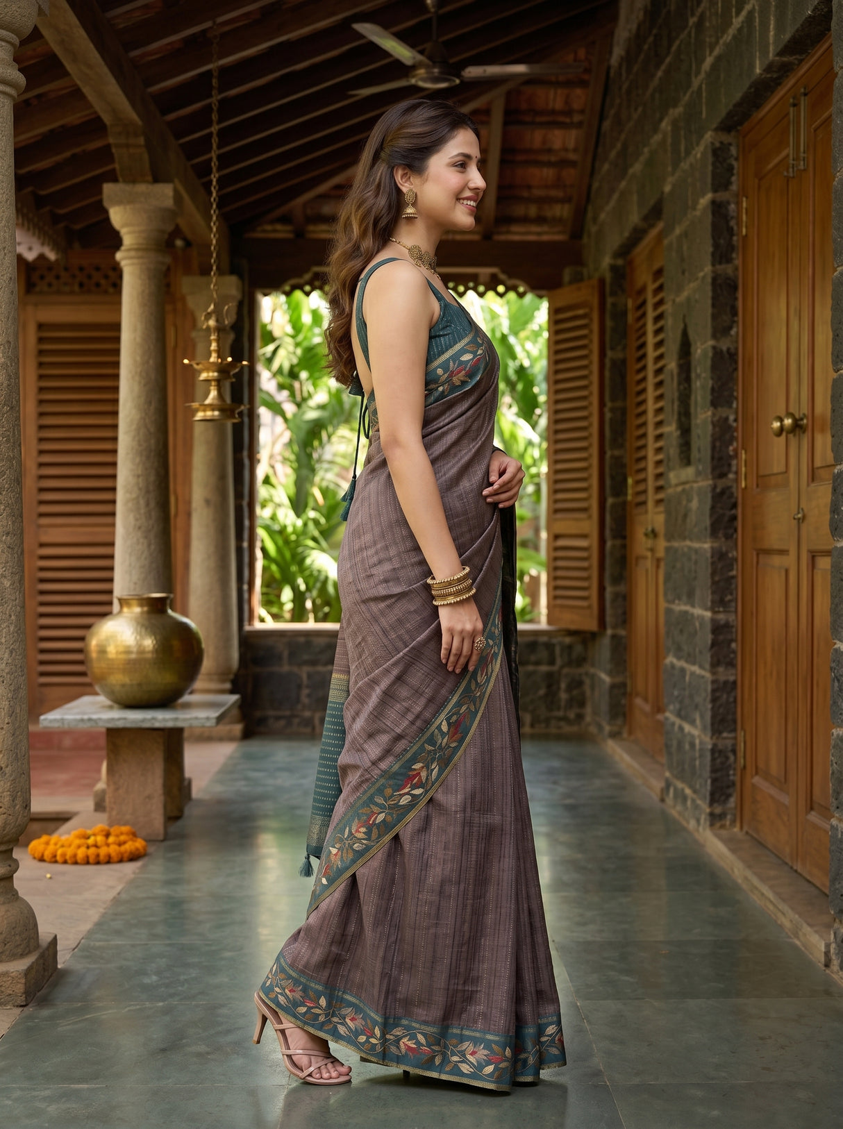 MIMOSA Blue Banarasi Art Silk Saree — pose 3 styling detail