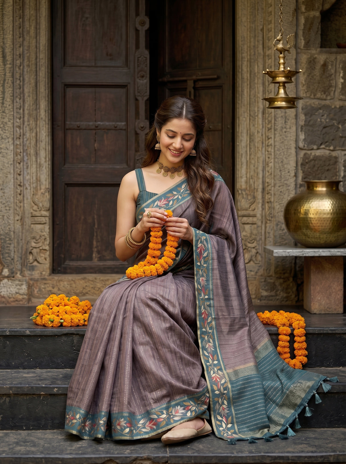 MIMOSA Blue Banarasi Art Silk Saree — pose 8 styling detail