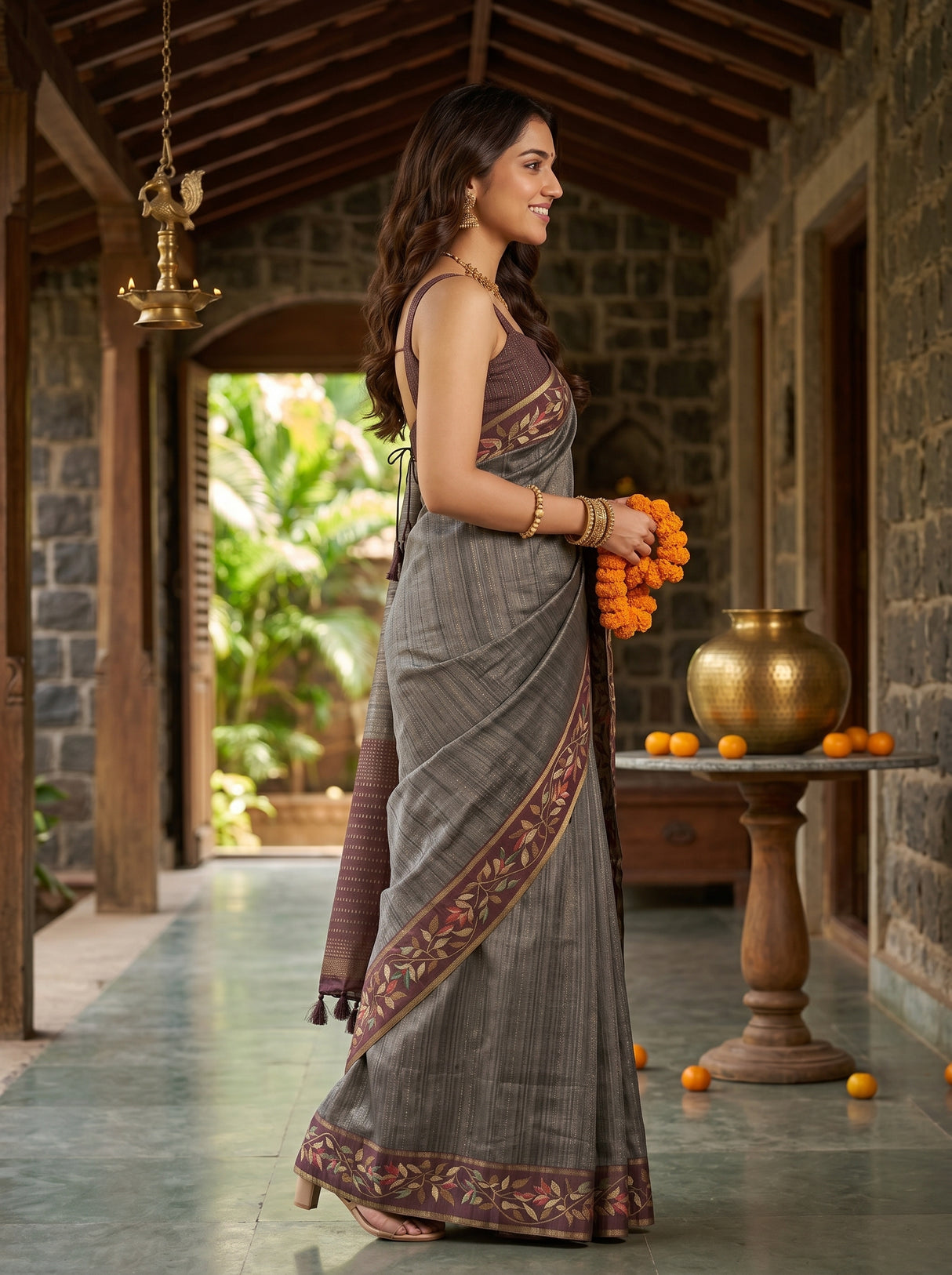 MIMOSA Chocolate Banarasi Art Silk Saree — pose 3 styling detail