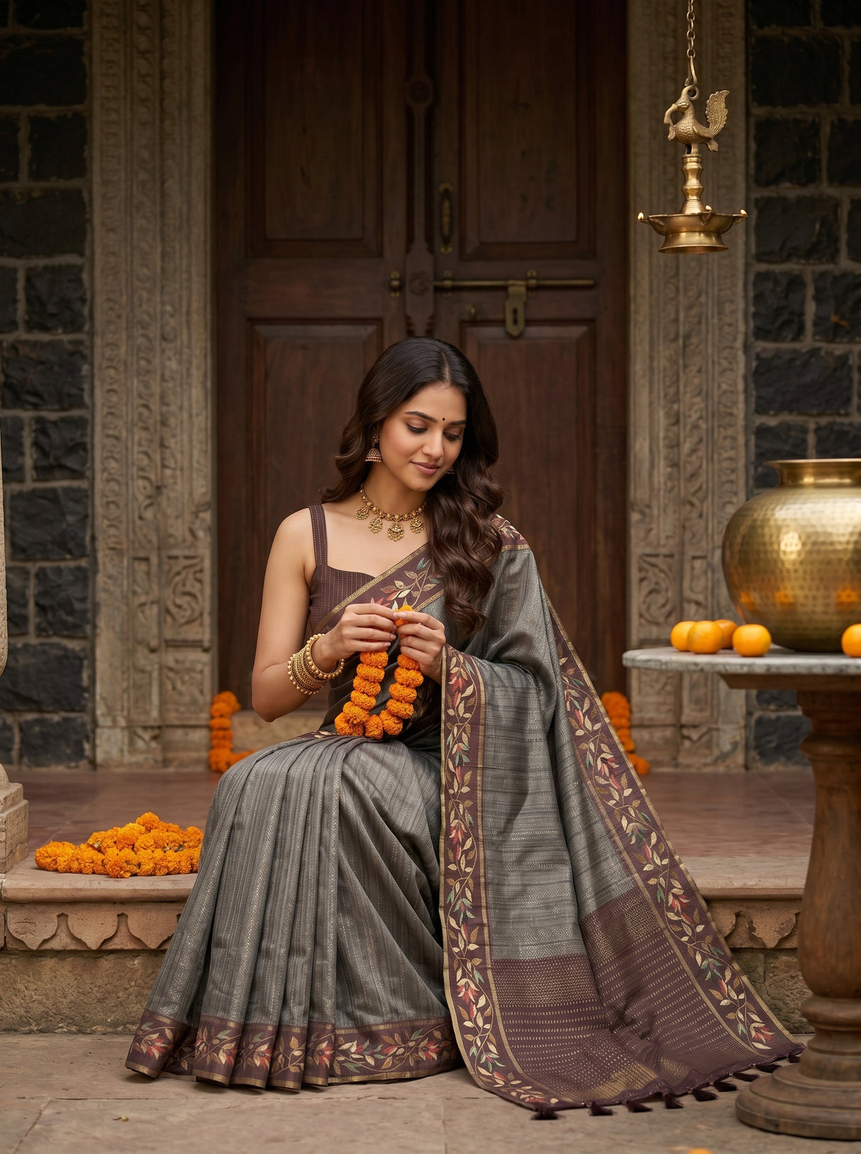 MIMOSA Chocolate Banarasi Art Silk Saree — pose 8 styling detail
