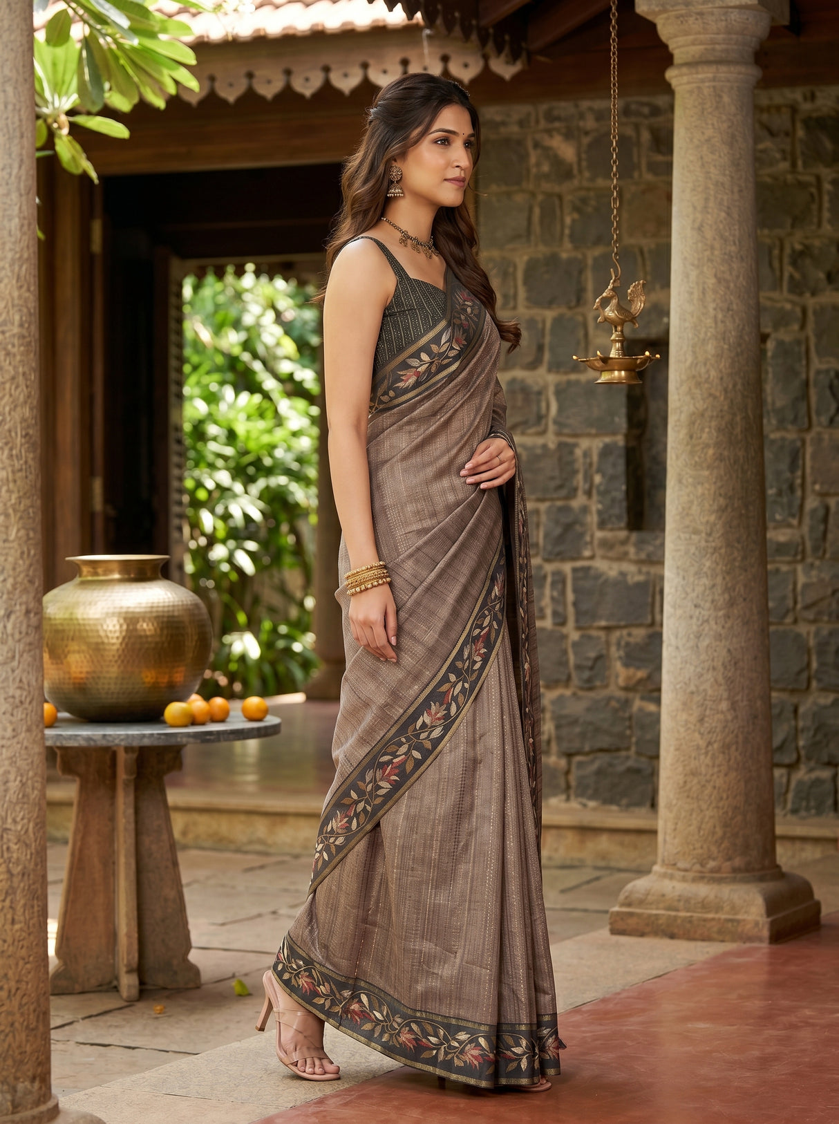 MIMOSA Grey Banarasi Art Silk Saree — pose 3 styling detail