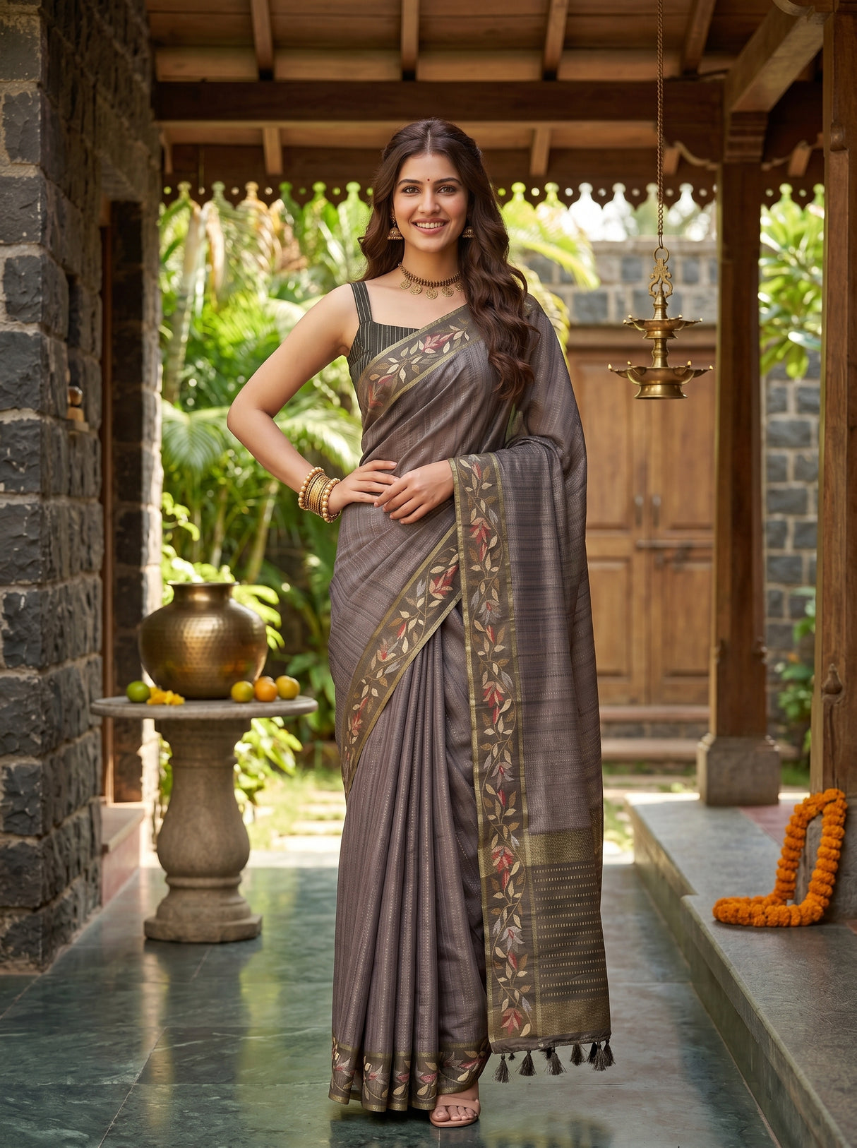 MIMOSA Olive Banarasi Art Silk Saree — pose 4 styling detail