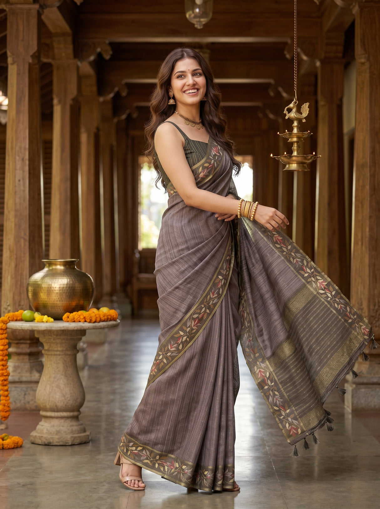 MIMOSA Olive Banarasi Art Silk Saree — pose 5 styling detail