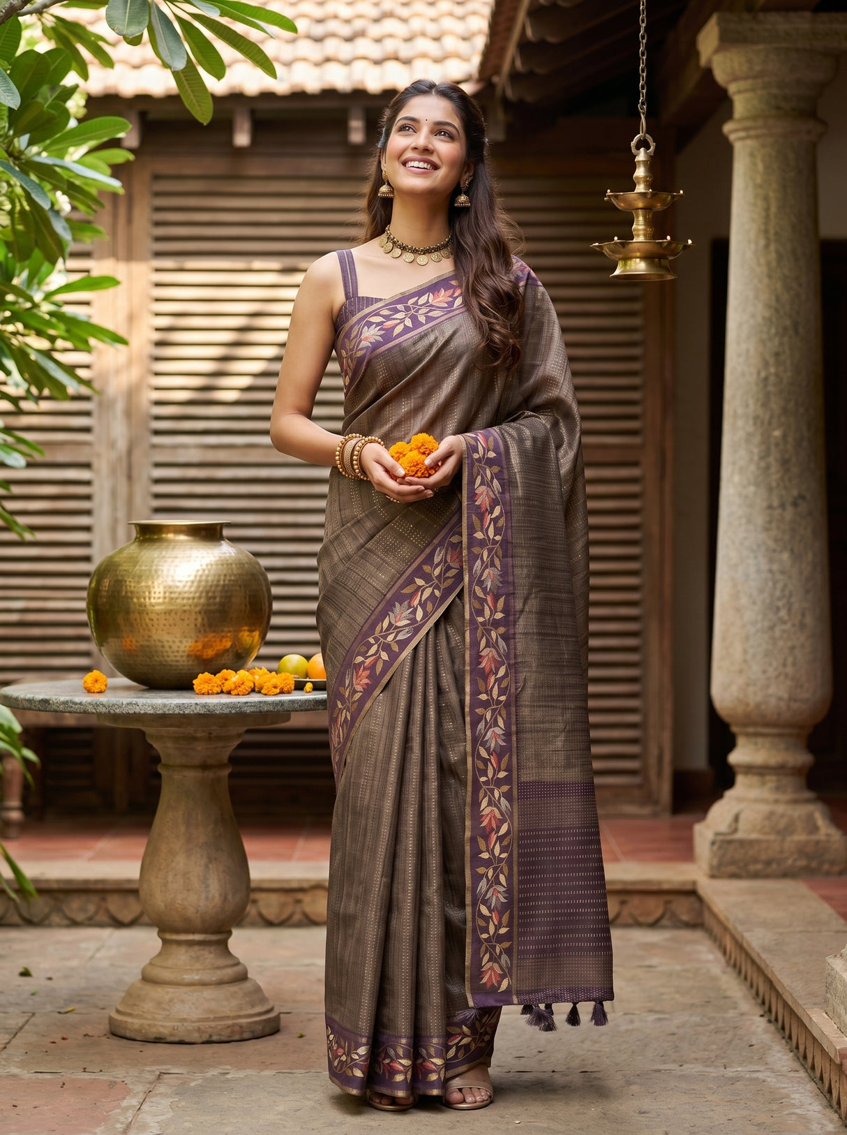 MIMOSA Wine Banarasi Art Silk Saree — front view on mannequin