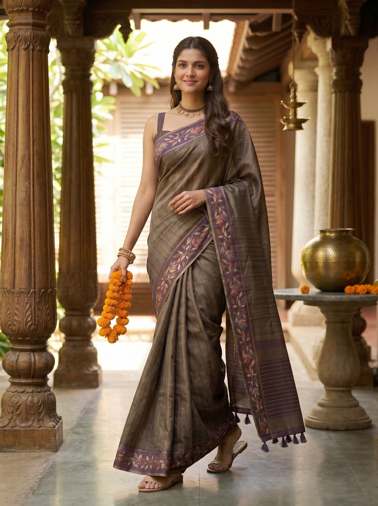 MIMOSA Wine Banarasi Art Silk Saree — pose 6 styling detail