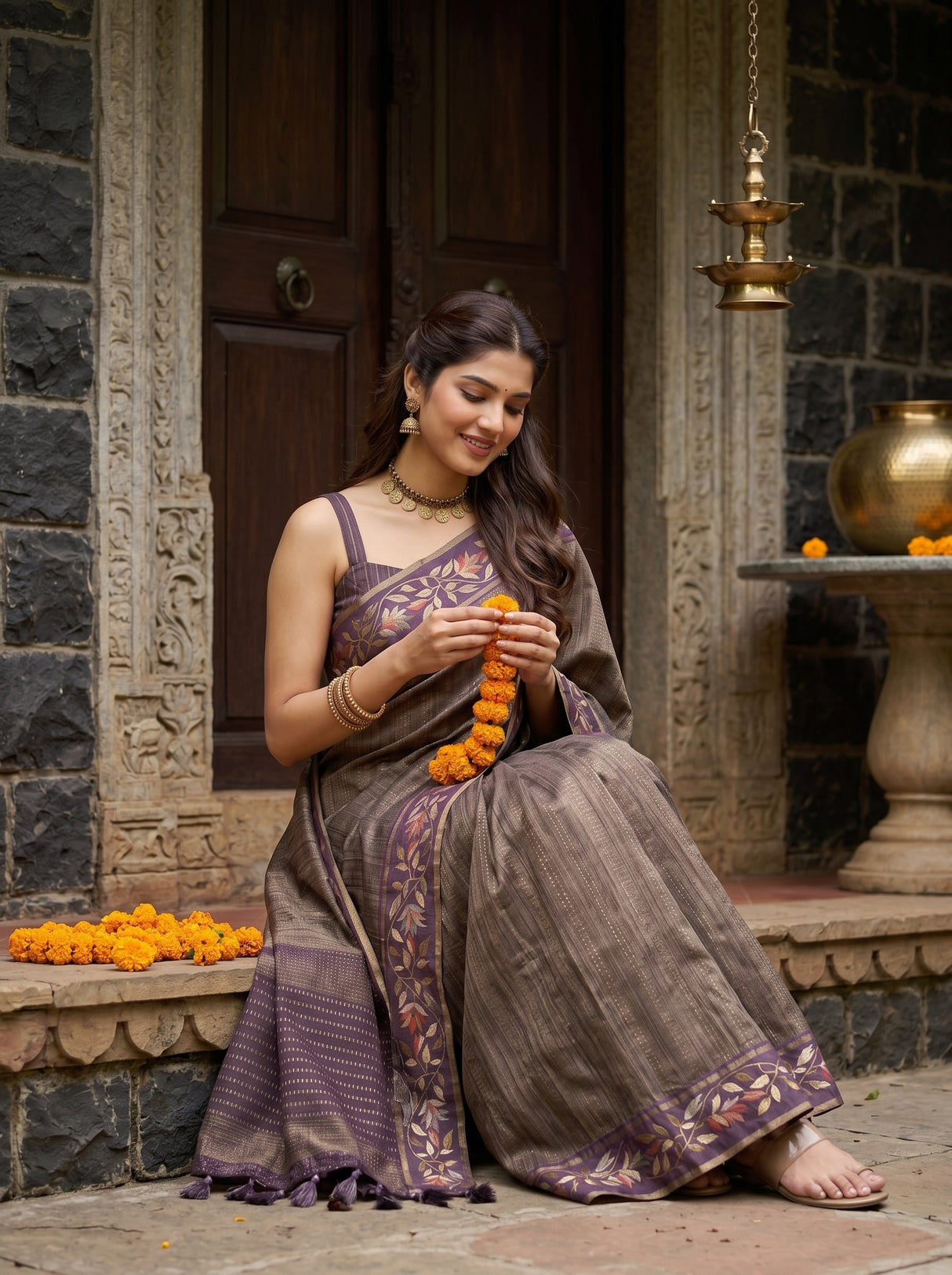 MIMOSA Wine Banarasi Art Silk Saree — pose 8 styling detail