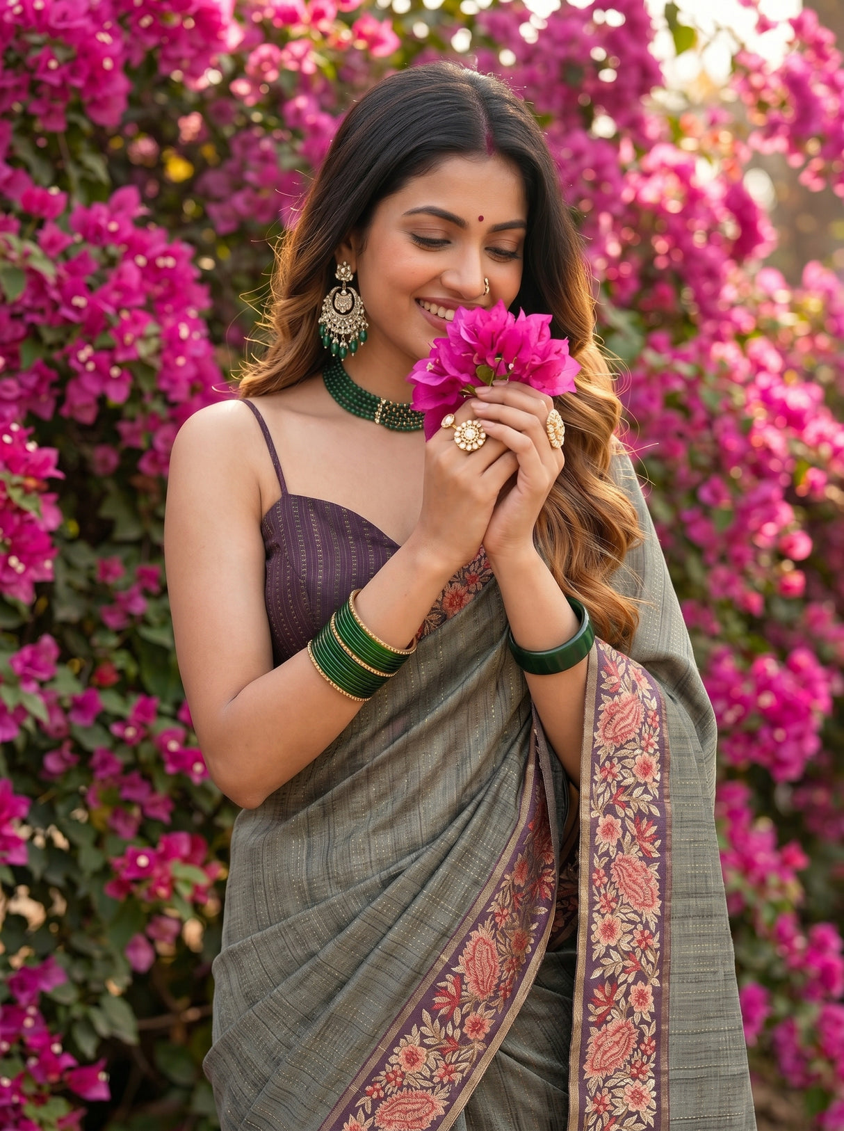 MIMOSA Bottle Green Banarasi Saree — pose 10 styling detail