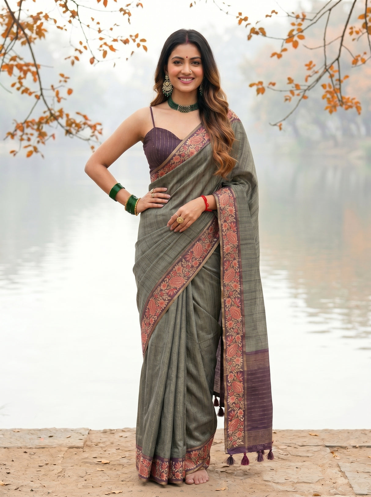 MIMOSA Bottle Green Banarasi Saree — pose 4 styling detail