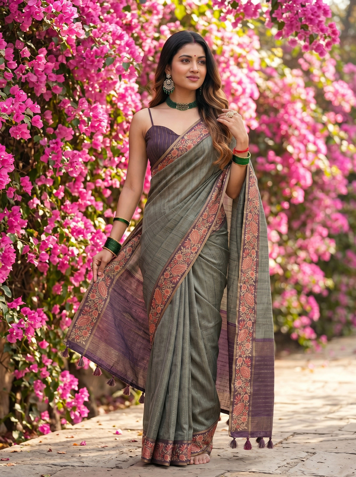 MIMOSA Bottle Green Banarasi Saree — pose 5 styling detail