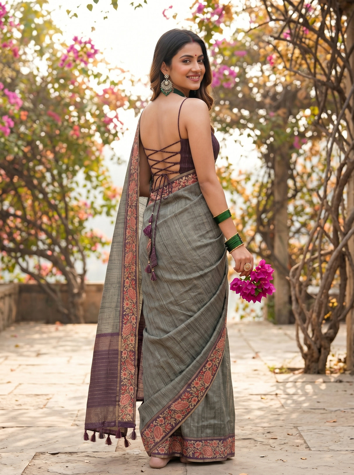 MIMOSA Bottle Green Banarasi Saree — pose 7 styling detail