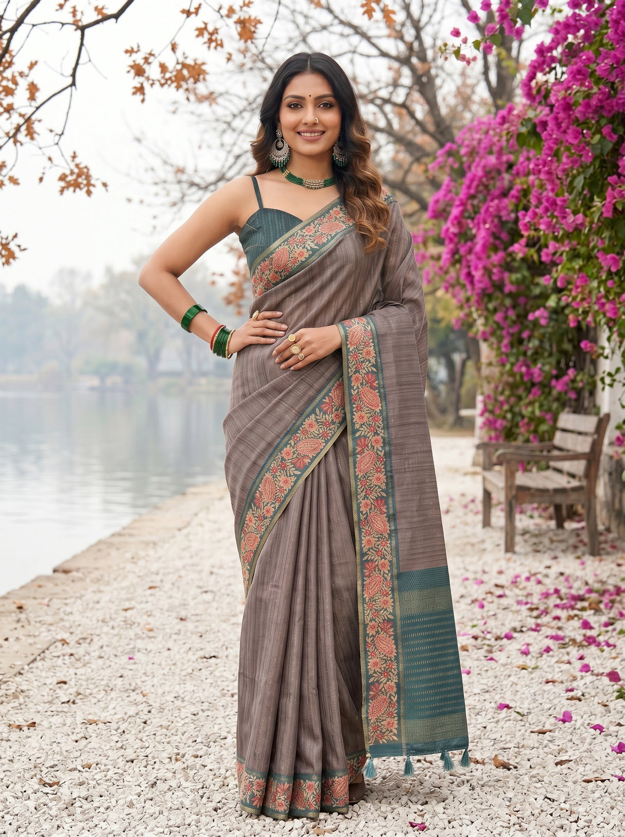 MIMOSA Blue Grey Banarasi Saree — pose 4 styling detail