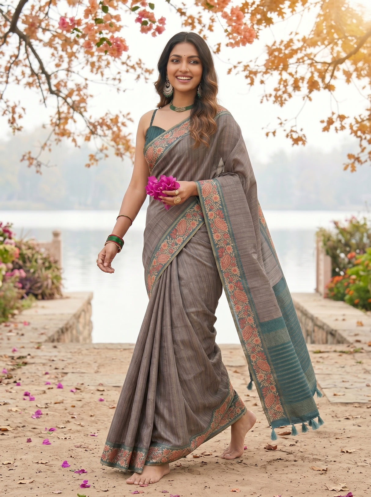 MIMOSA Blue Grey Banarasi Saree — pose 6 styling detail