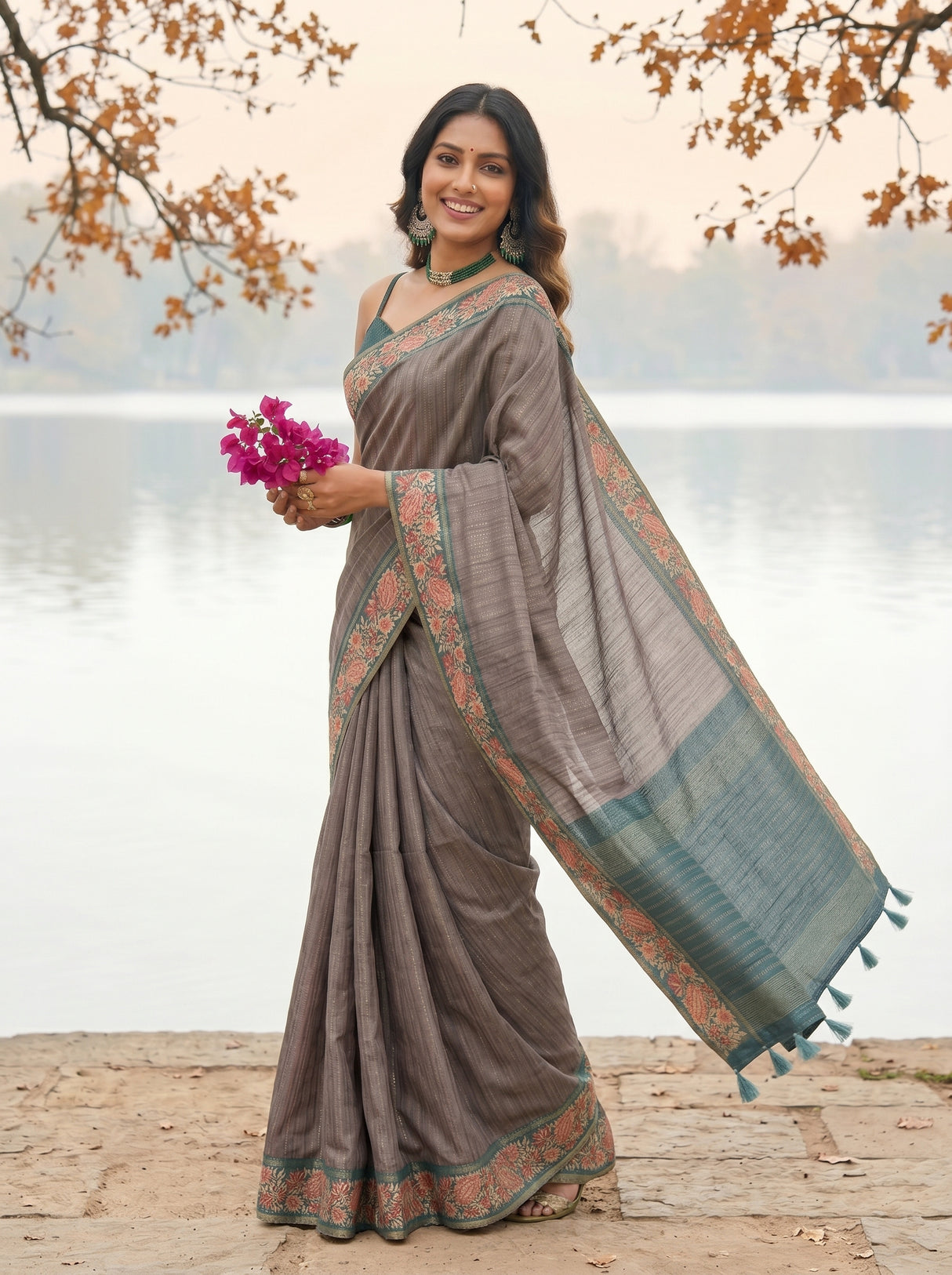 MIMOSA Blue Grey Banarasi Saree — pose 9 styling detail