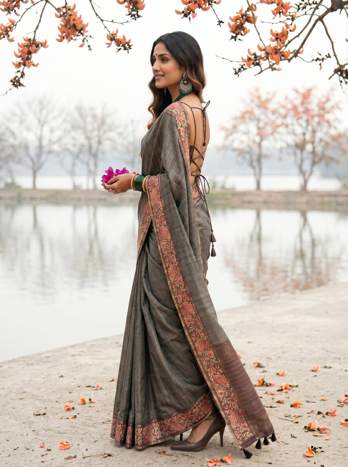 MIMOSA Chocolate Banarasi Saree — pose 3 styling detail