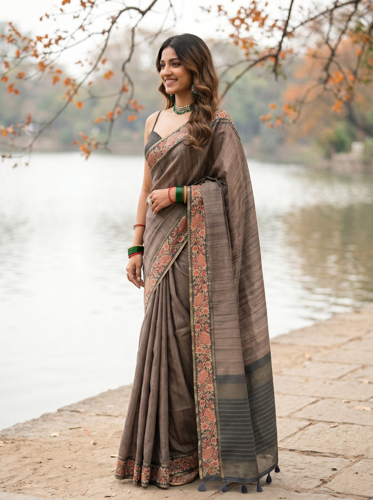 MIMOSA Grey Banarasi Saree — pose 3 styling detail
