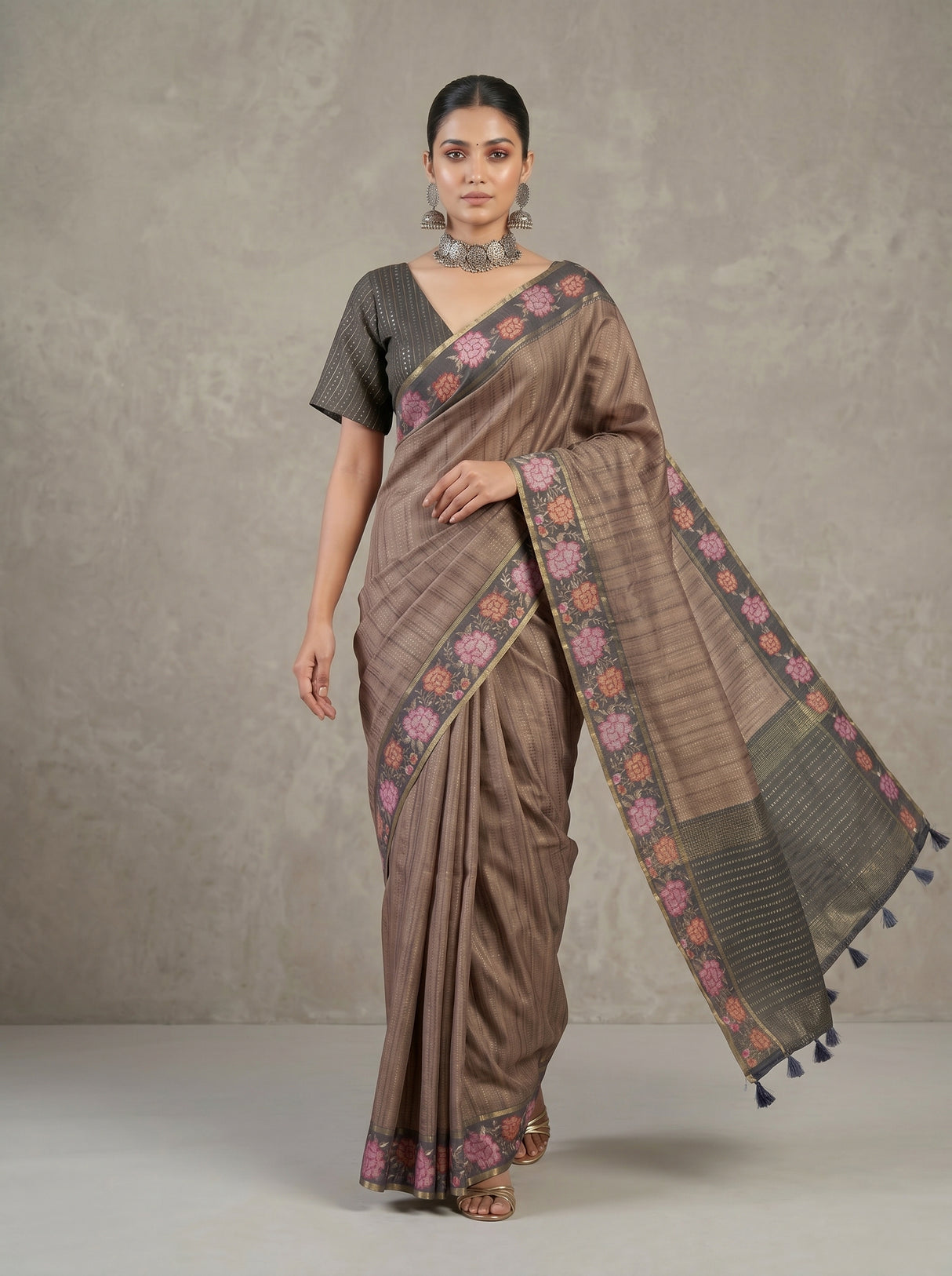 MIMOSA Grey Banarasi Art Silk Saree — pose 7 styling detail