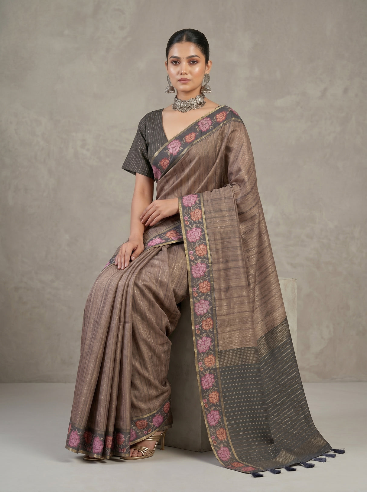MIMOSA Grey Banarasi Art Silk Saree — pose 8 styling detail