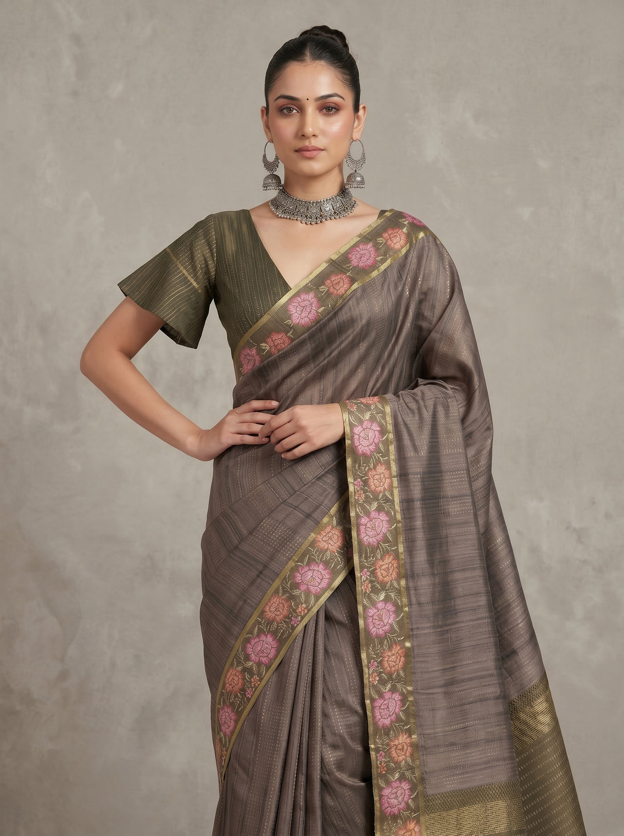 MIMOSA Olive Banarasi Art Silk Saree — pose 10 styling detail