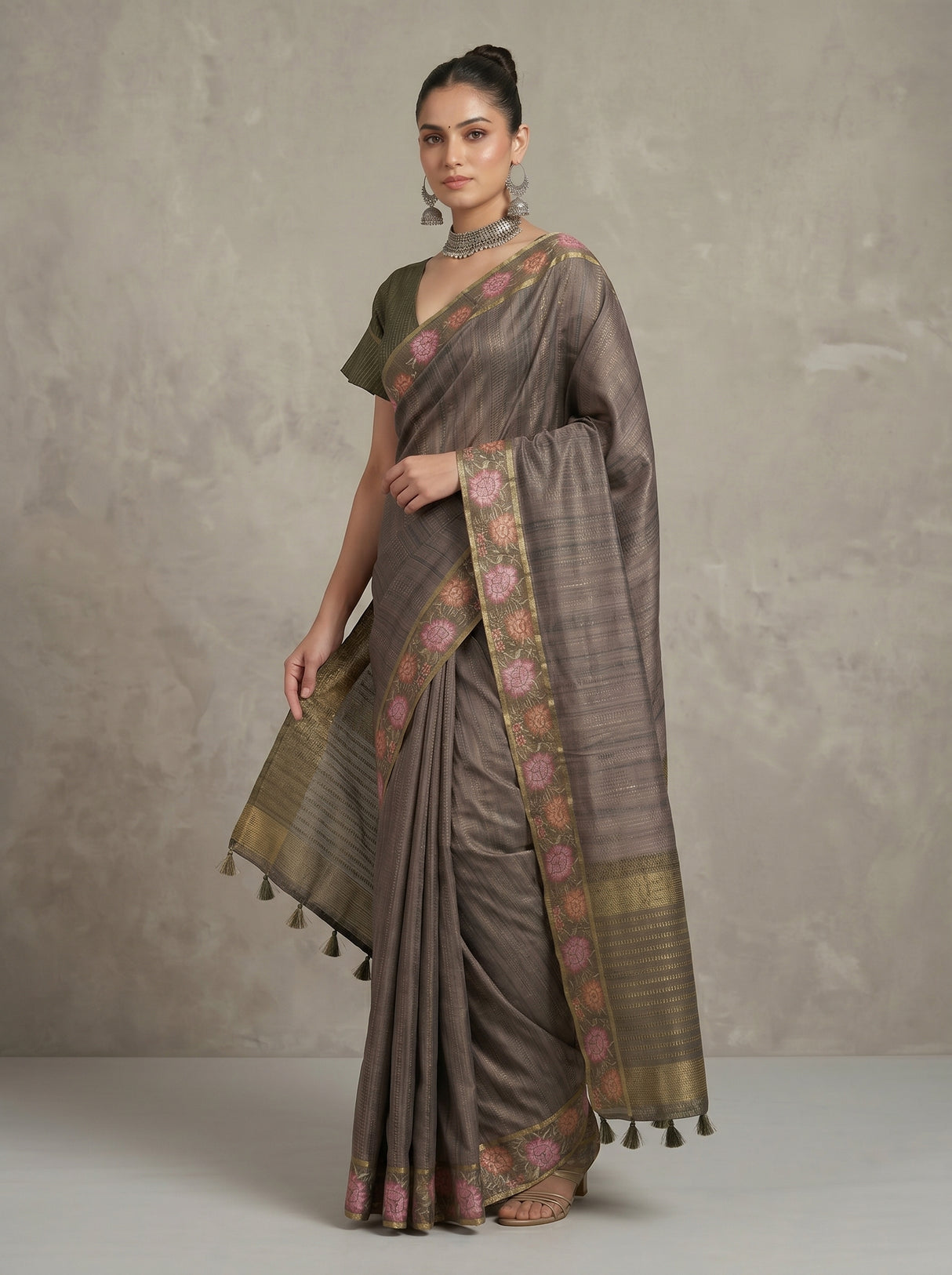 MIMOSA Olive Banarasi Art Silk Saree — pose 5 styling detail