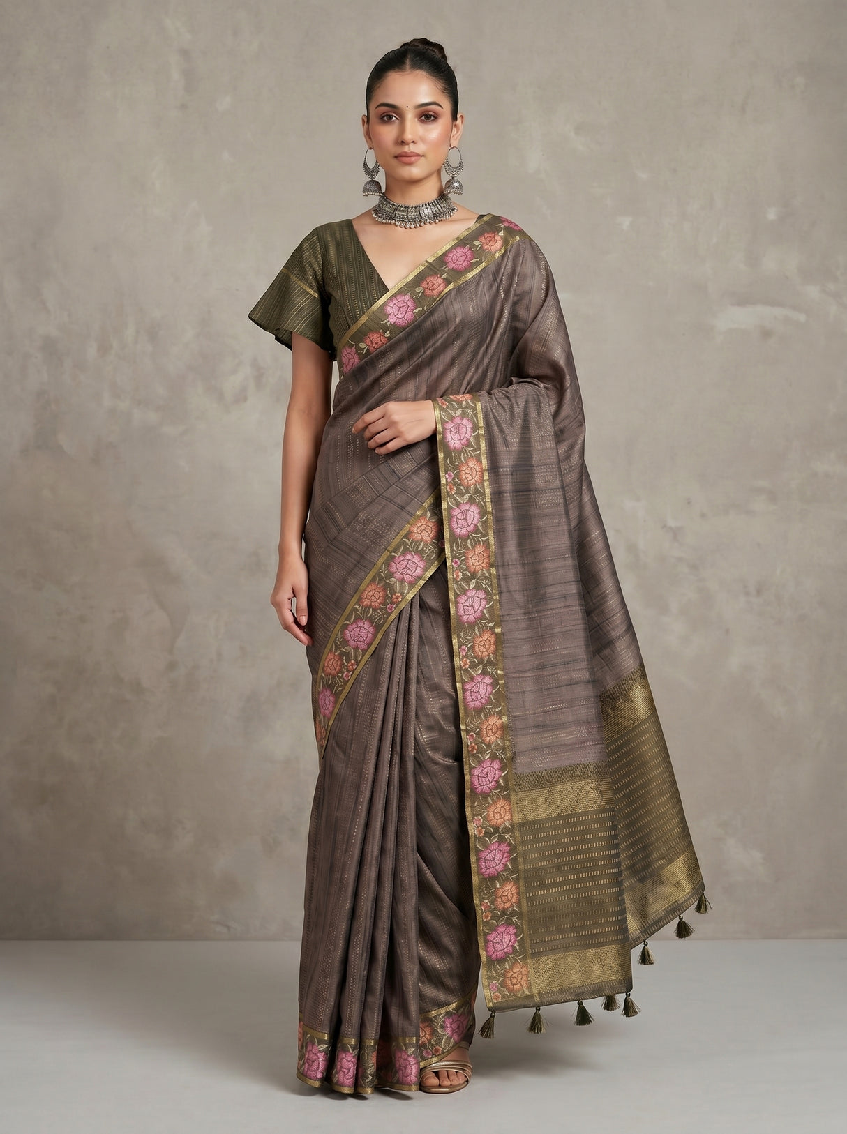 MIMOSA Olive Banarasi Art Silk Saree — pose 7 styling detail