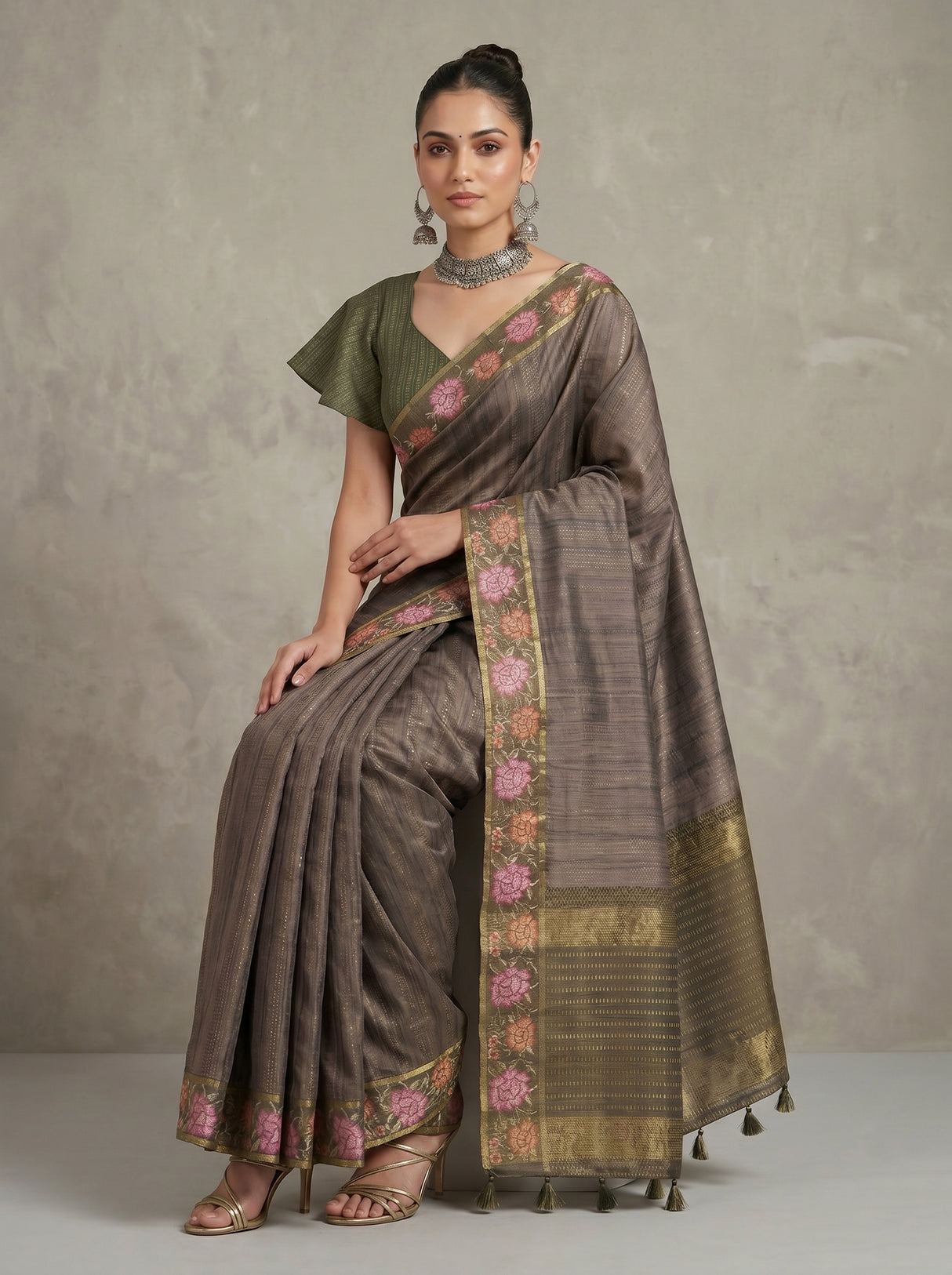 MIMOSA Olive Banarasi Art Silk Saree — pose 8 styling detail