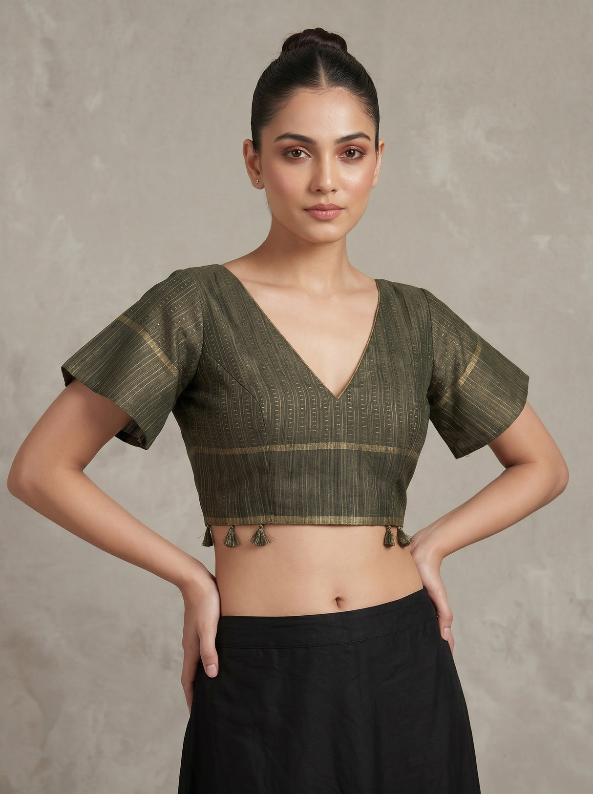 MIMOSA Olive Banarasi Art Silk Saree — blouse close-up