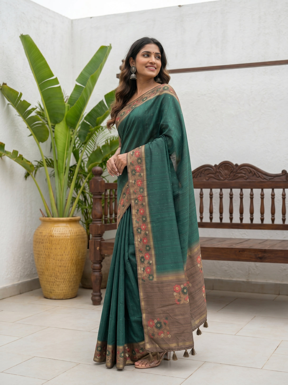 MIMOSA Bottle Green Saree Saree — pose 3 styling detail