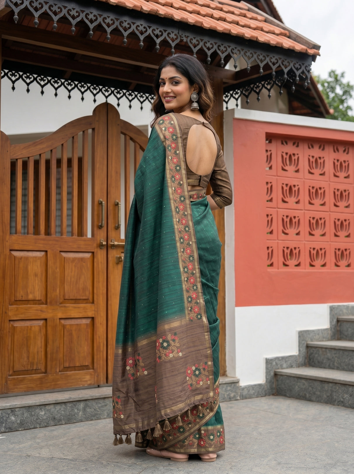 MIMOSA Bottle Green Saree Saree — pose 7 styling detail