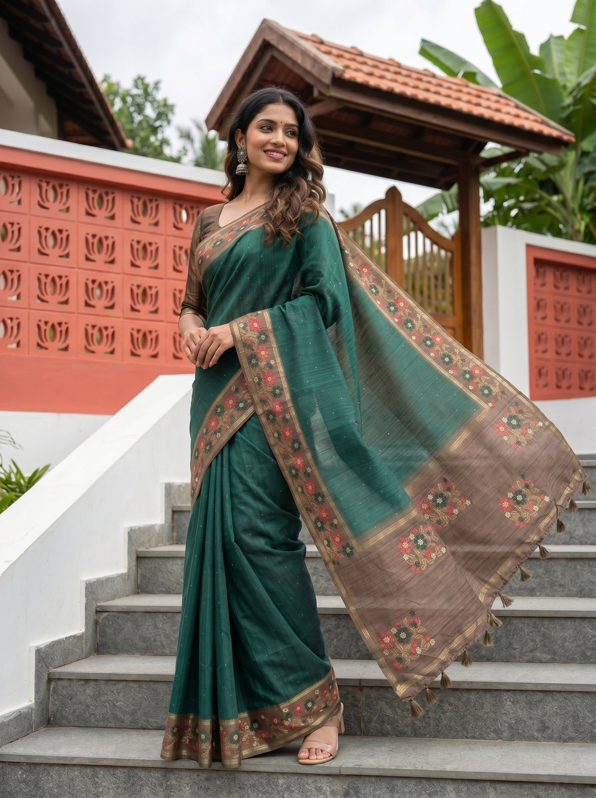 MIMOSA Bottle Green Saree Saree — pose 9 styling detail