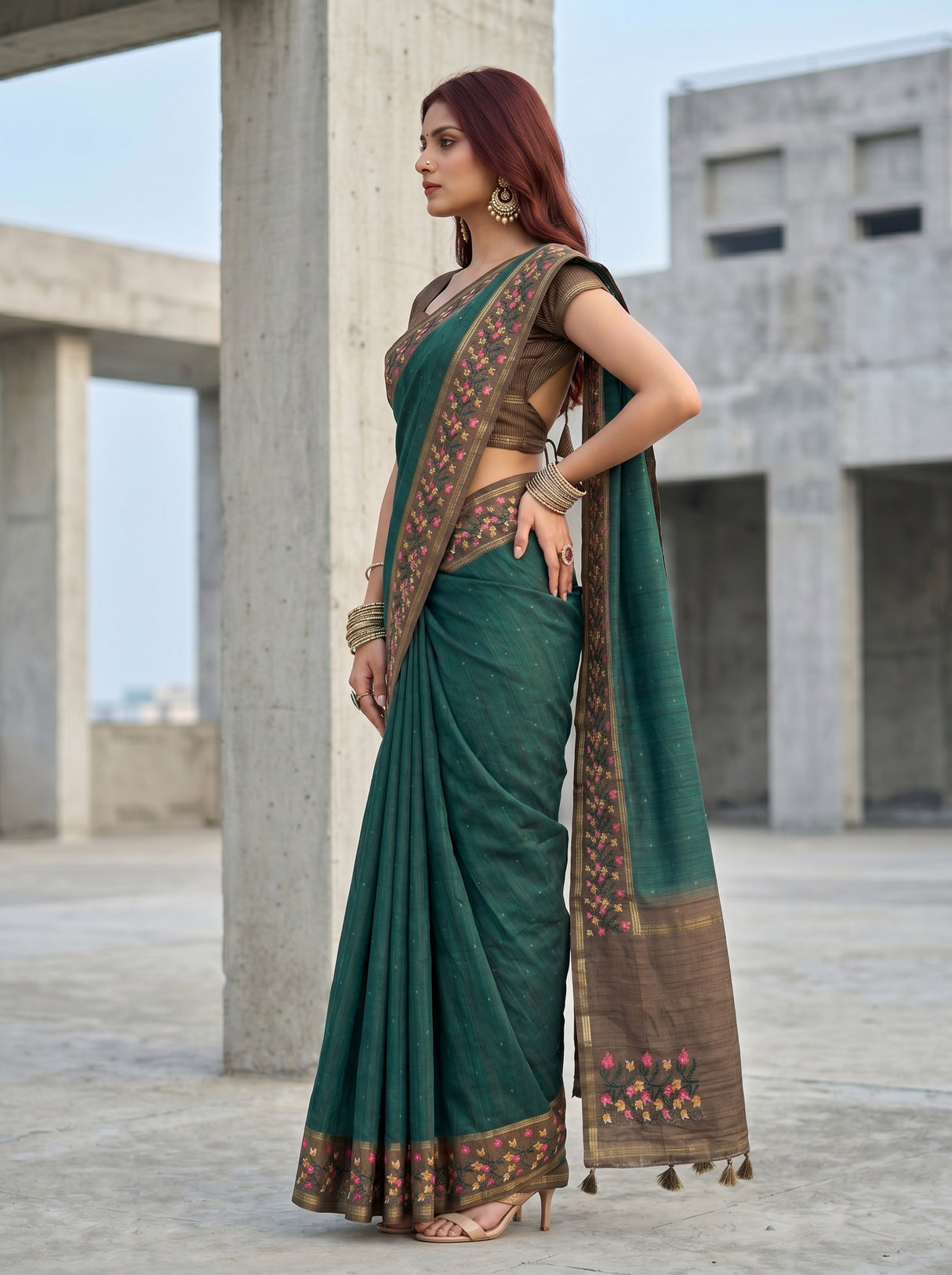 MIMOSA Bottle Green Banarasi Art Silk Saree — pose 3 styling detail