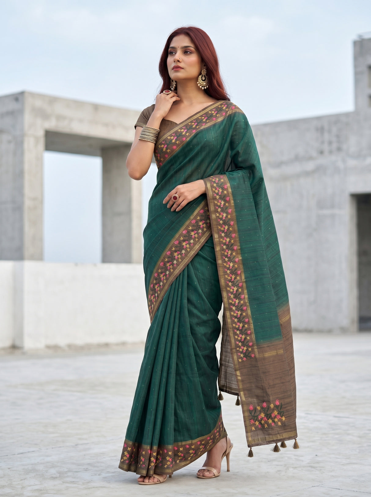 MIMOSA Bottle Green Banarasi Art Silk Saree — pose 5 styling detail