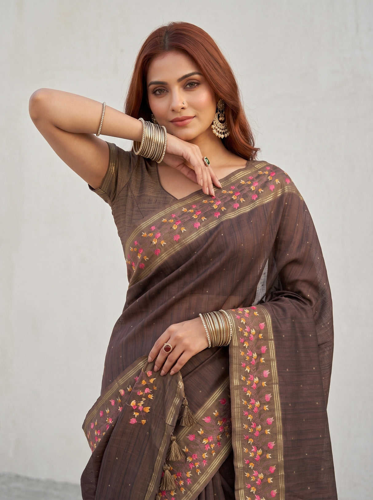 MIMOSA Chocolate Banarasi Art Silk Saree — pose 10 styling detail