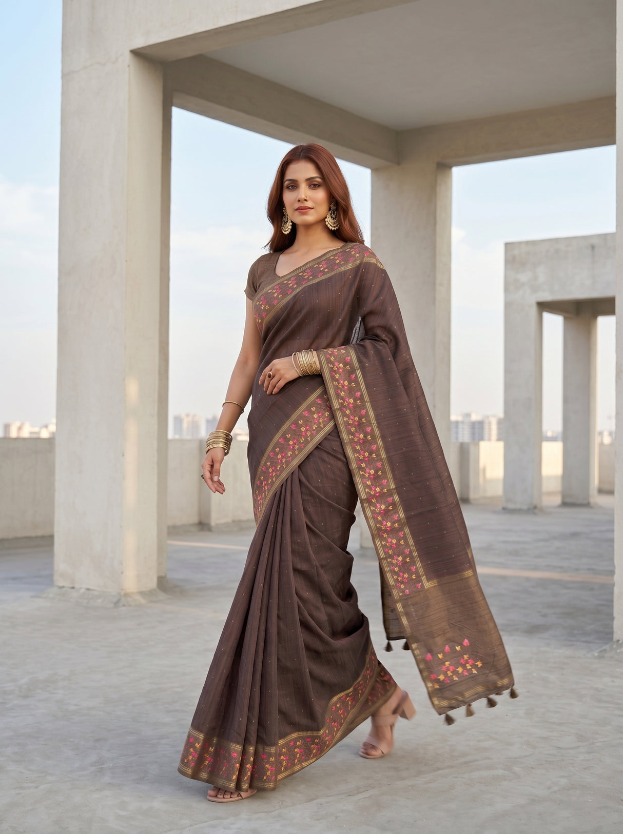 MIMOSA Chocolate Banarasi Art Silk Saree — pose 6 styling detail