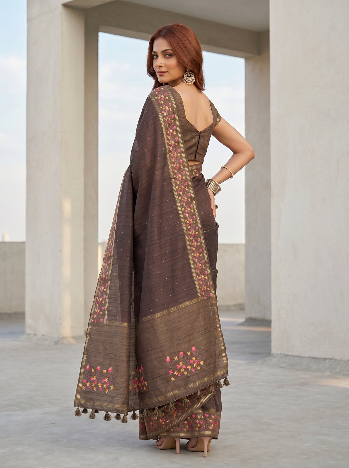 MIMOSA Chocolate Banarasi Art Silk Saree — pose 7 styling detail