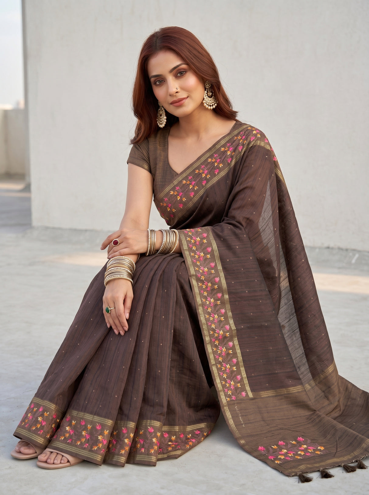 MIMOSA Chocolate Banarasi Art Silk Saree — pose 8 styling detail