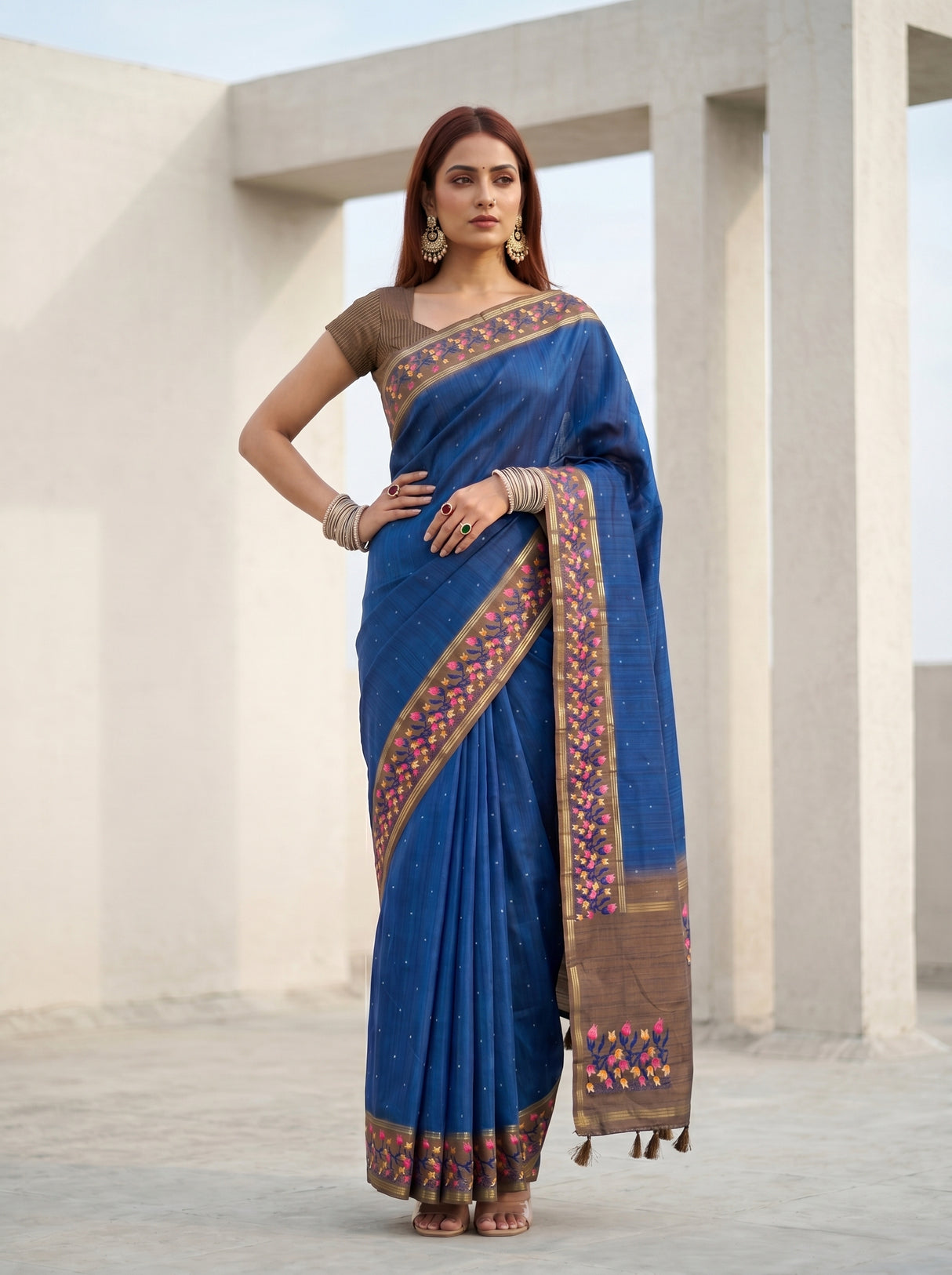 MIMOSA Navy Banarasi Art Silk Saree — pose 4 styling detail