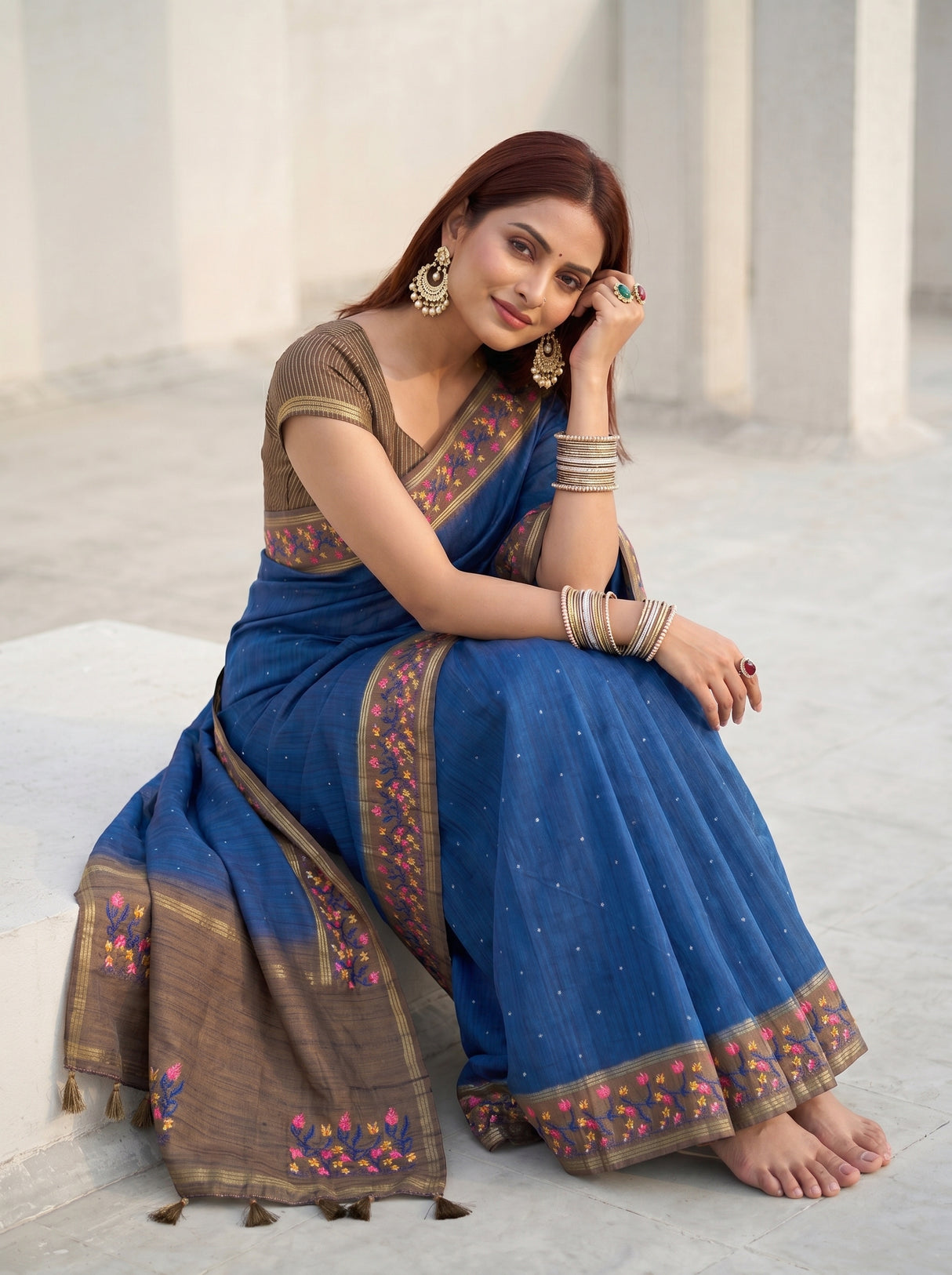 MIMOSA Navy Banarasi Art Silk Saree — pose 8 styling detail