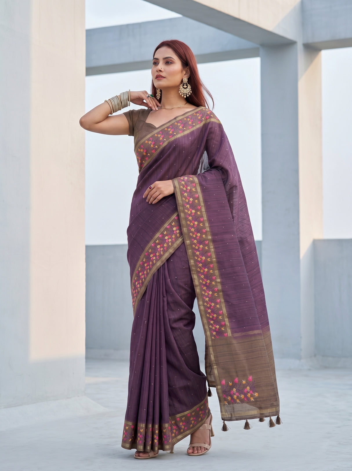 MIMOSA Wine Banarasi Art Silk Saree — pose 5 styling detail