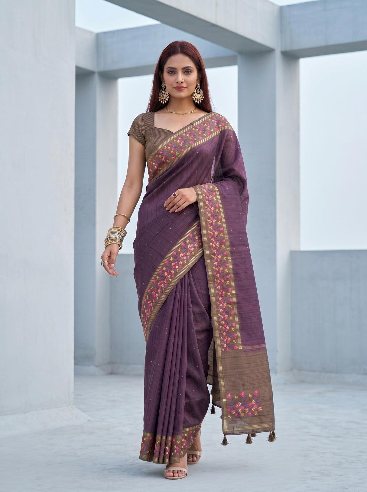 MIMOSA Wine Banarasi Art Silk Saree — pose 6 styling detail
