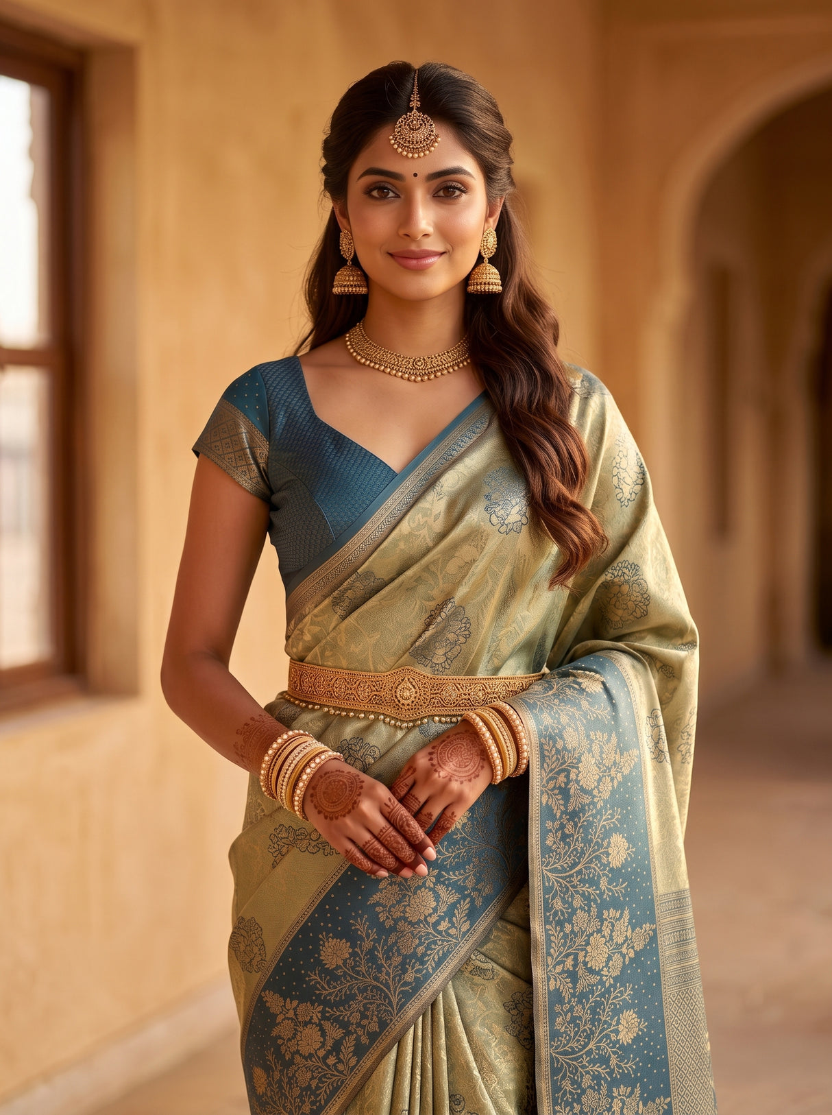 MIMOSA Blue Grey Kanjivaram Art Silk Saree — pose 10 styling detail