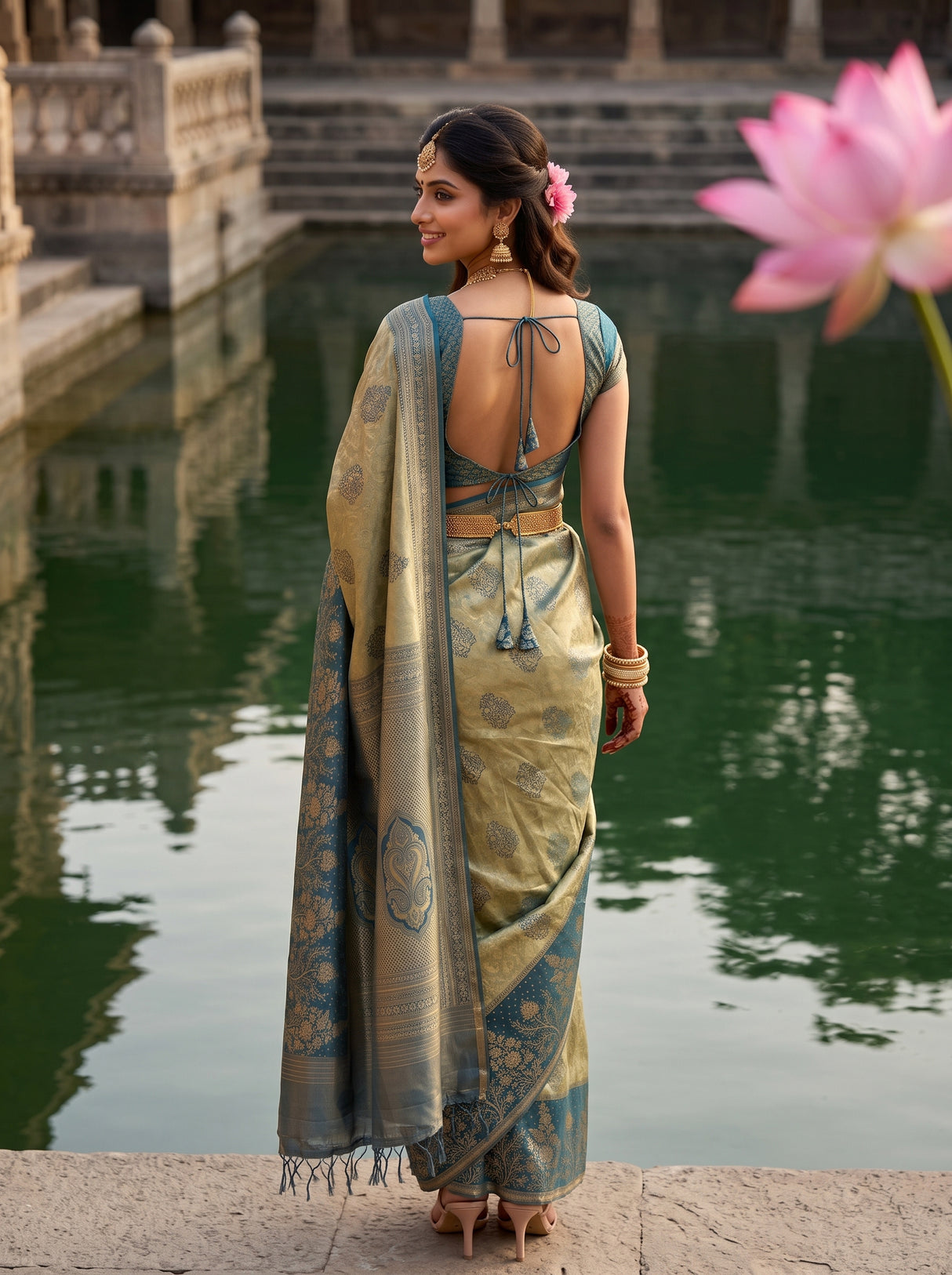 MIMOSA Blue Grey Kanjivaram Art Silk Saree — pose 2 styling detail