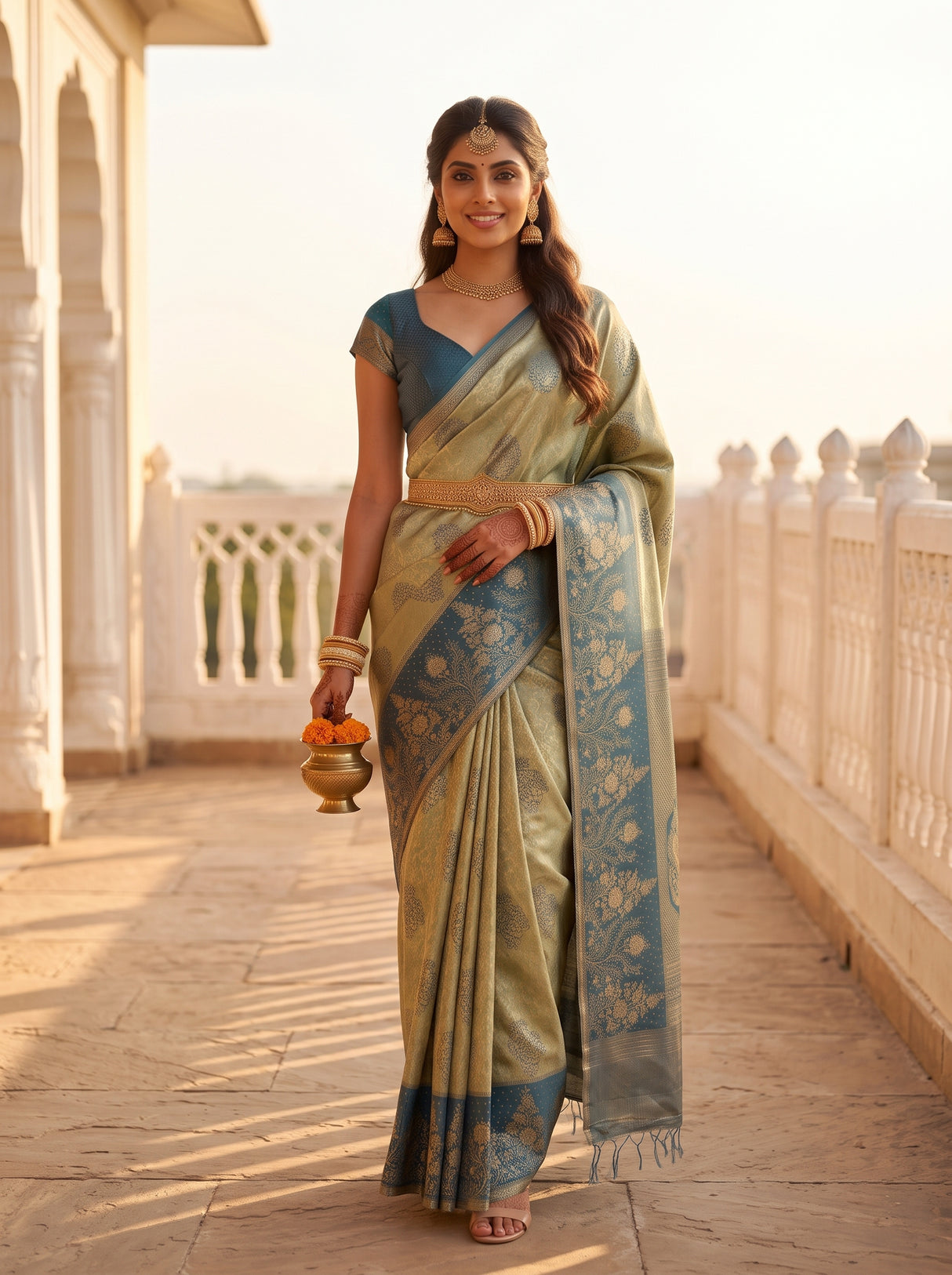 MIMOSA Blue Grey Kanjivaram Art Silk Saree — pose 6 styling detail