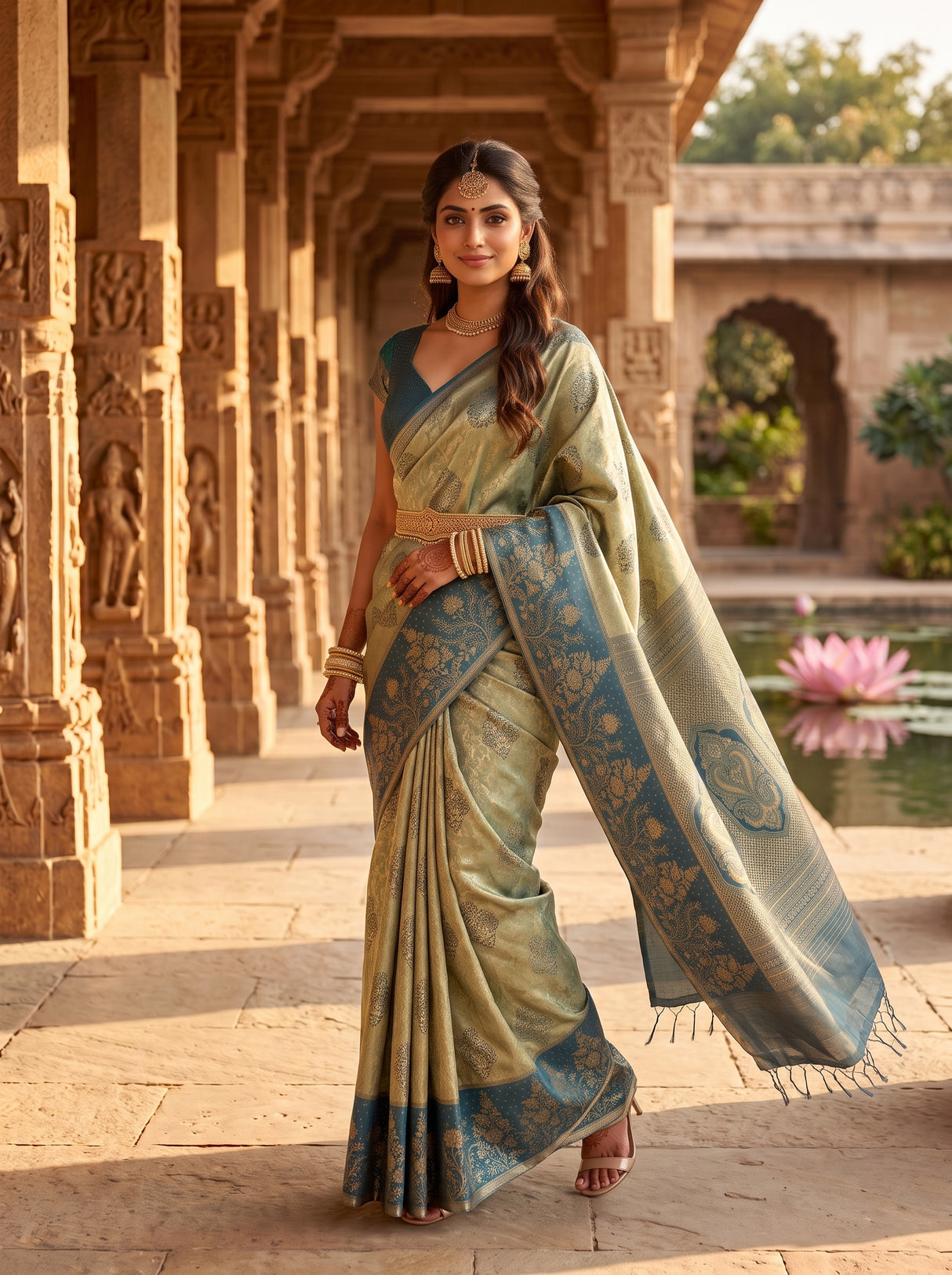 MIMOSA Blue Grey Kanjivaram Art Silk Saree — pose 9 styling detail