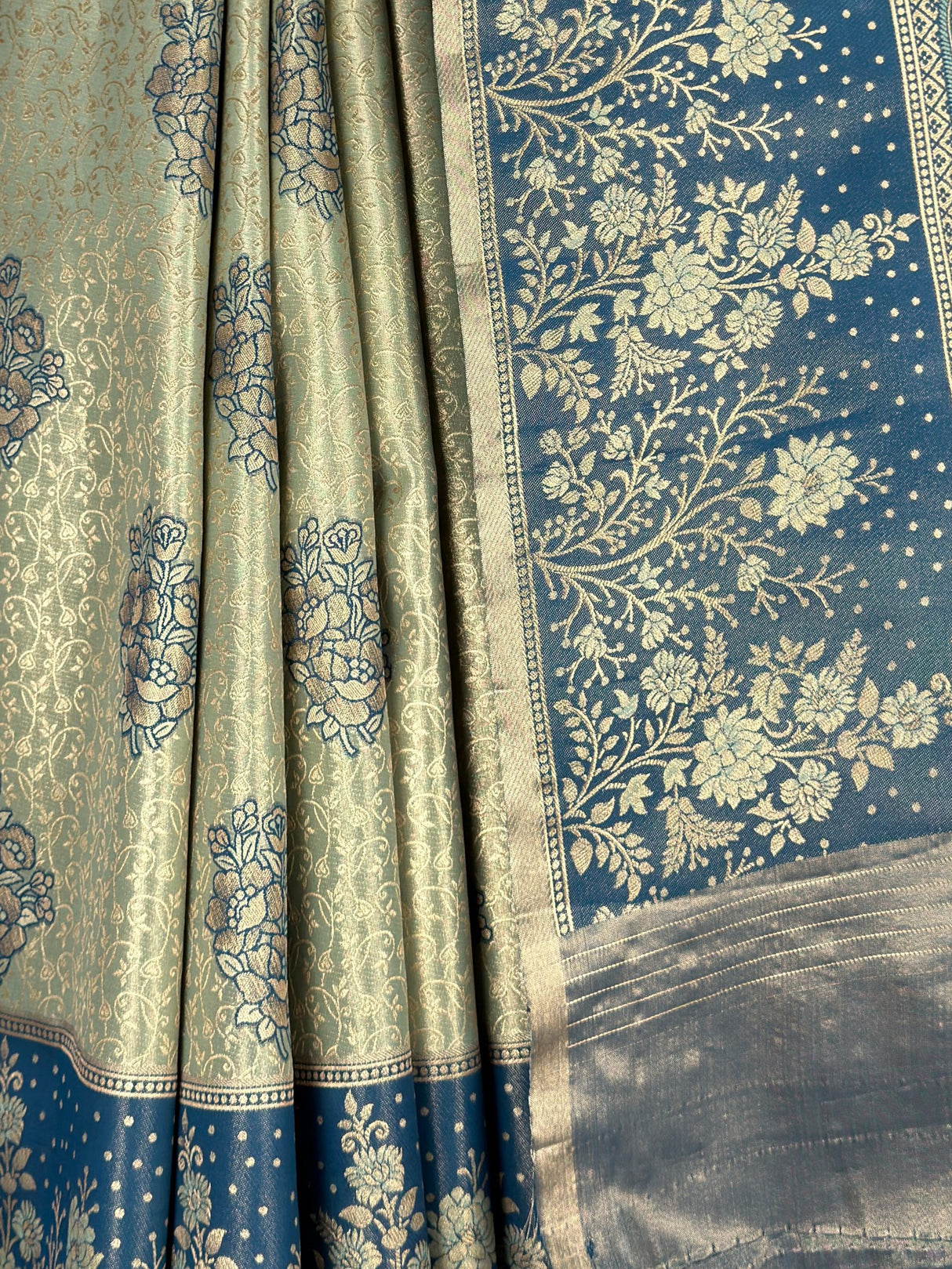 MIMOSA Blue Grey Kanjivaram Art Silk Saree — fleets shot full lifestyle