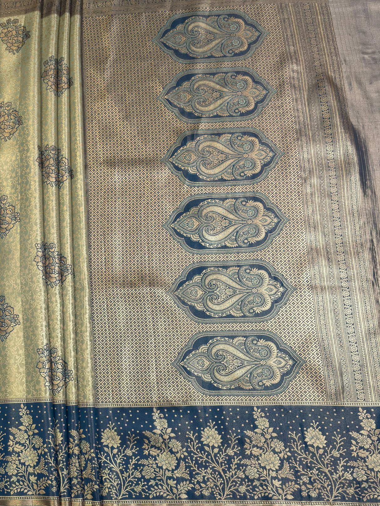MIMOSA Blue Grey Kanjivaram Art Silk Saree — pallu and zari work detail
