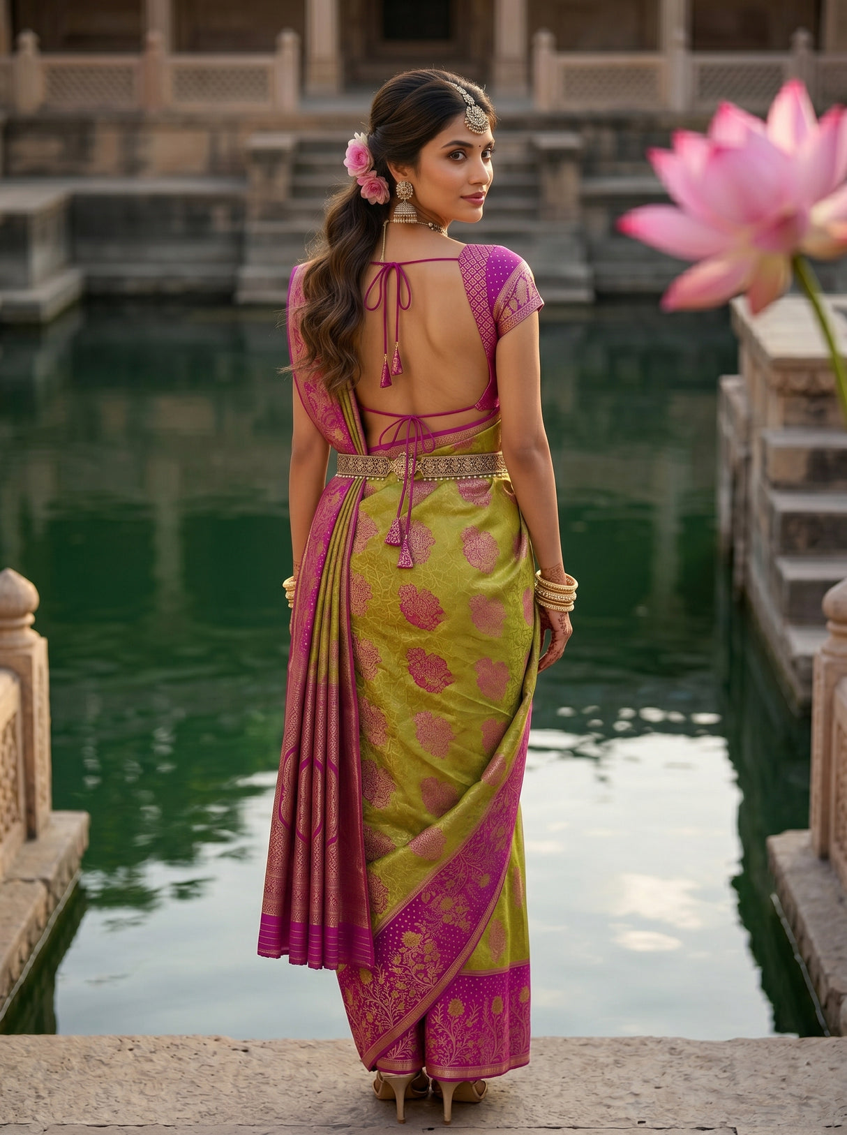 MIMOSA Olive Kanjivaram Art Silk Saree — pose 2 styling detail