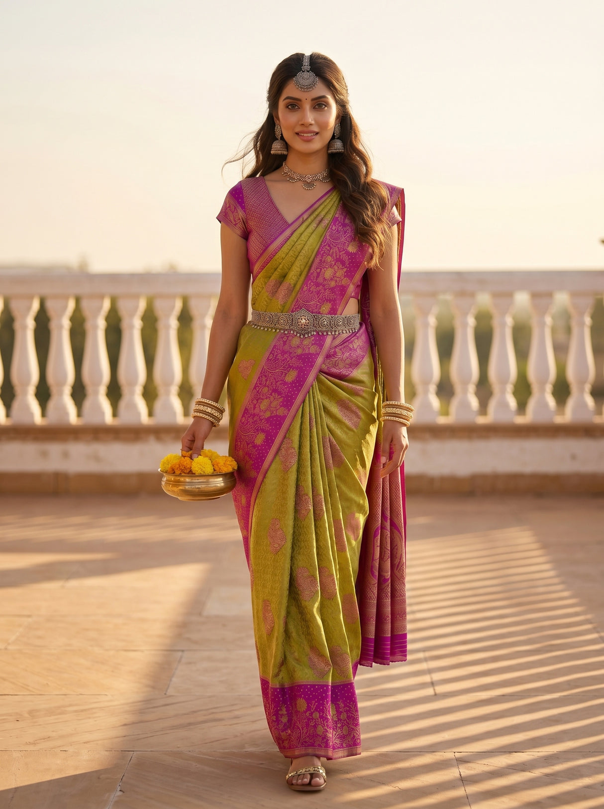 MIMOSA Olive Kanjivaram Art Silk Saree — pose 6 styling detail