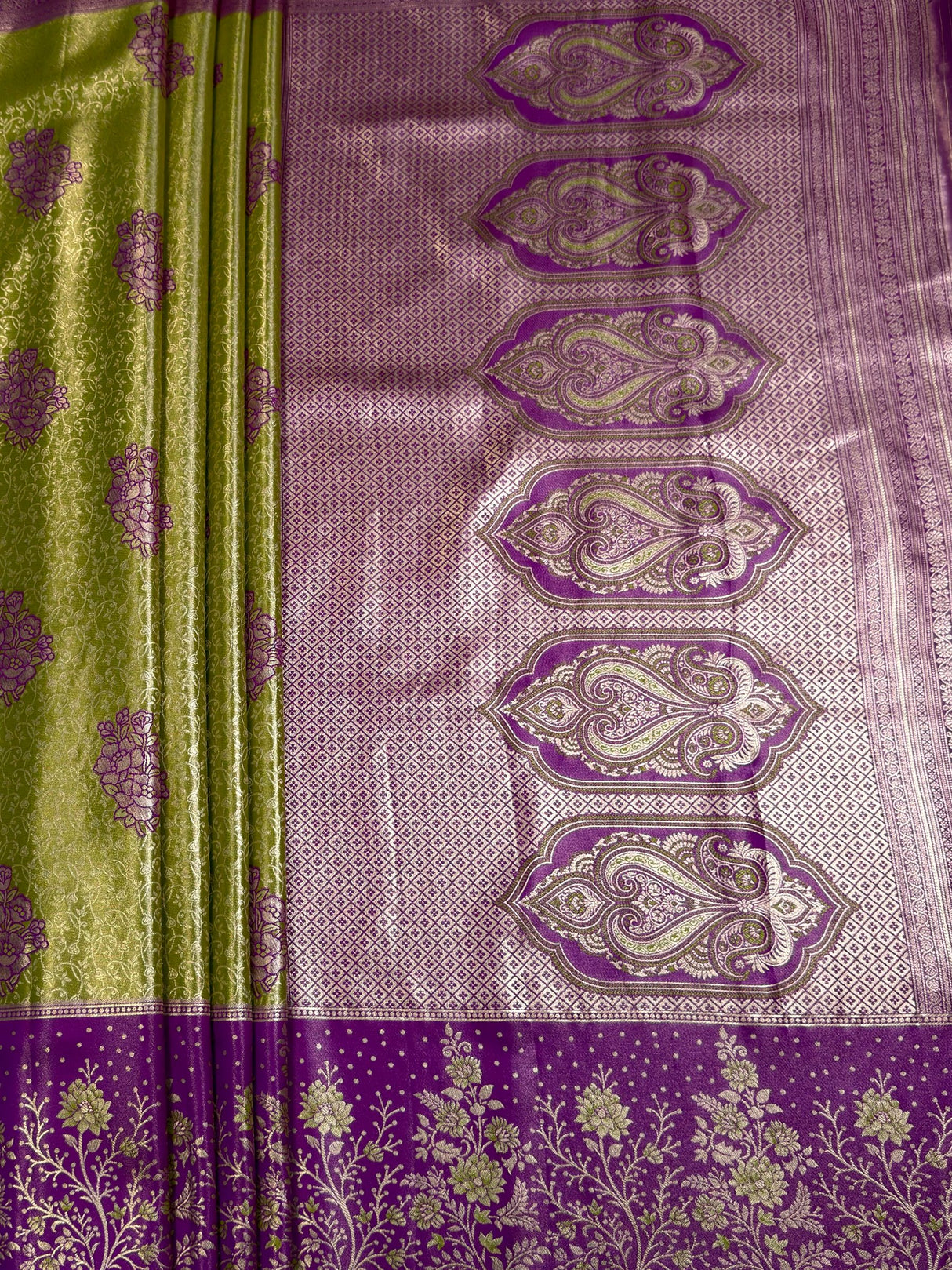 MIMOSA Olive Kanjivaram Art Silk Saree — pallu and zari work detail