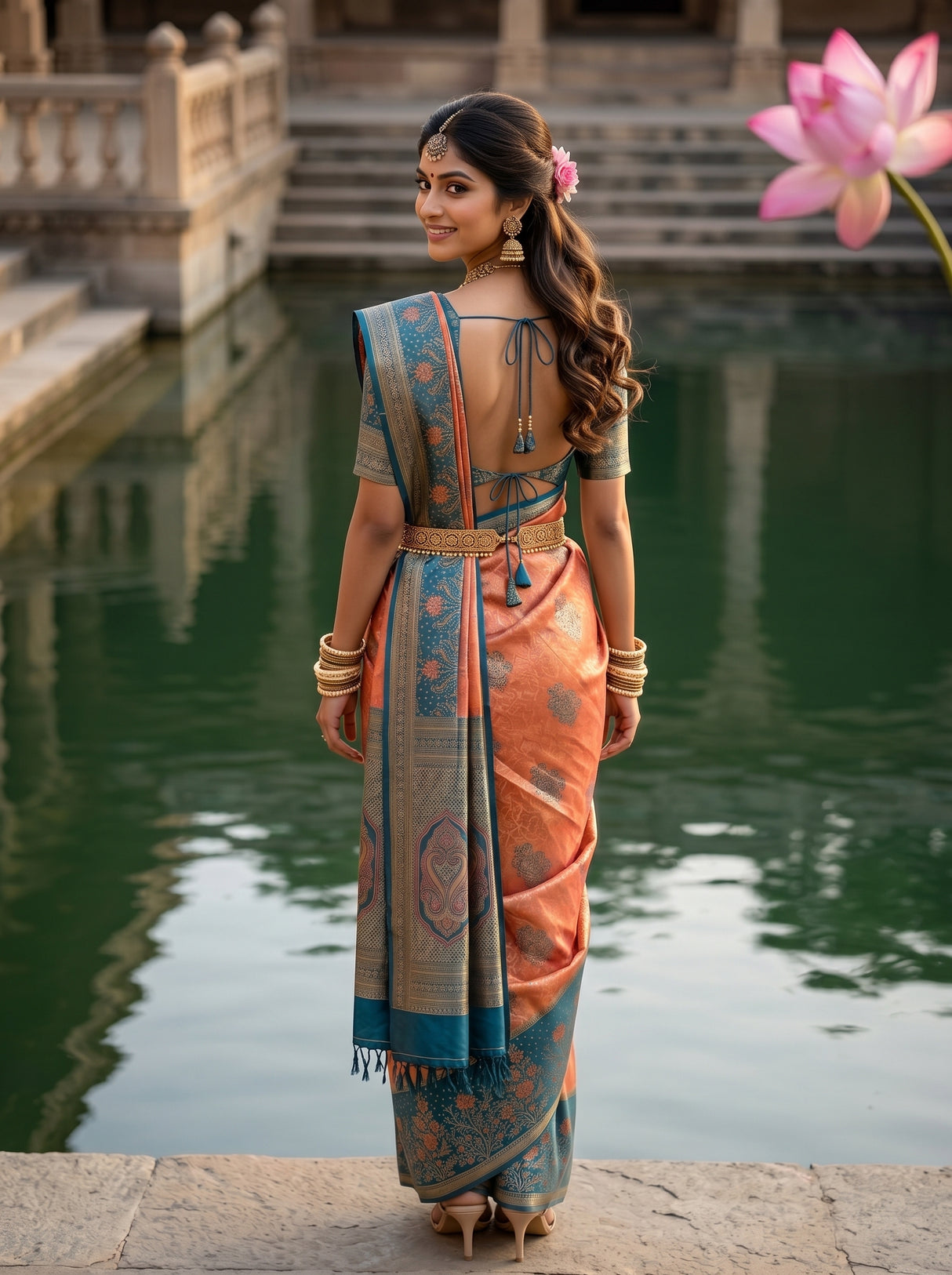 MIMOSA Peach Kanjivaram Art Silk Saree — pose 2 styling detail