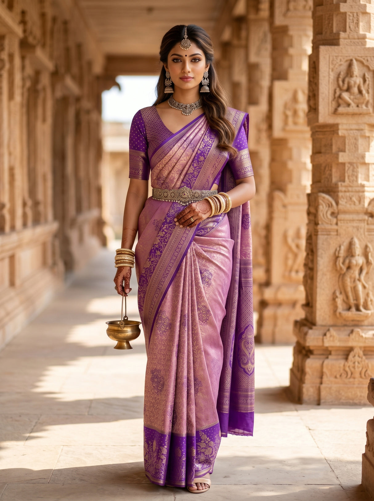 MIMOSA Pink Kanjivaram Art Silk Saree — AI Model lifestyle pose in temple corridor